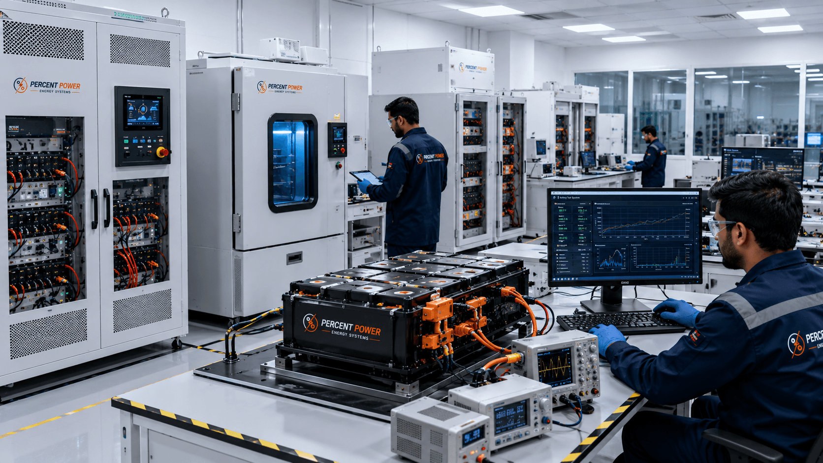 Battery systems undergoing performance validation in a testing laboratory