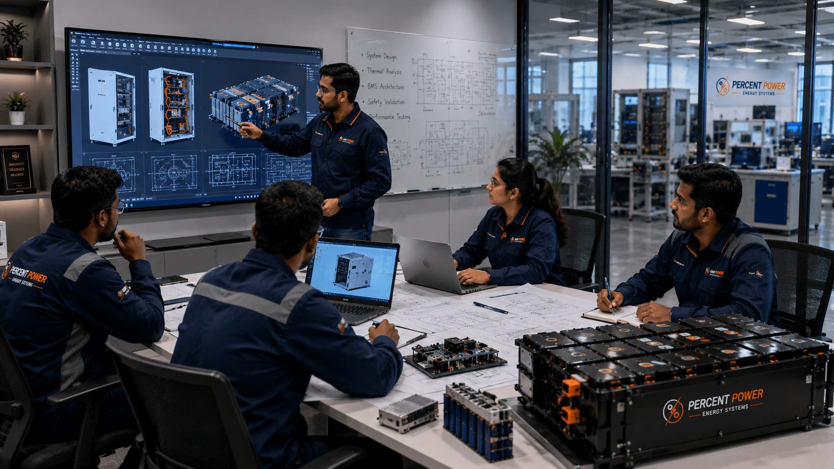 Engineering team collaborating in a design lab